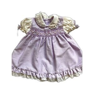 Vintage Baby Girl Lavendar Gingham Smocked Embroidered Dress
